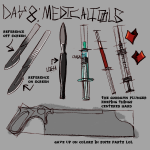 Drawings of medical tools such as syringes, scalpels, and a surgical saw